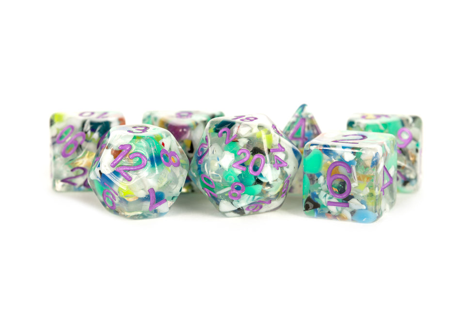 MDG 16mm Resin Polyhedral Dice Set Recycled Dice w/ Purple Numbers - MDG602