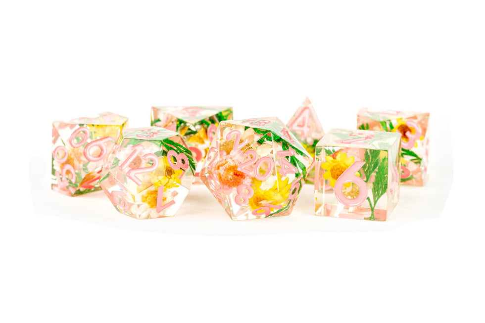 MDG Handcrafted Sharp Edge Resin Dice Set Chrysanthemum w/ Pink Numbers - MDG936