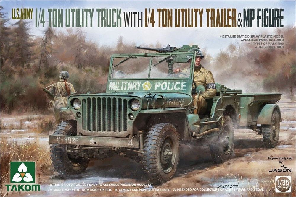 Takom 2126 1/35 U.S. Army 1/4 ton utility truck w/ trailer & MP figure (9120448151789)