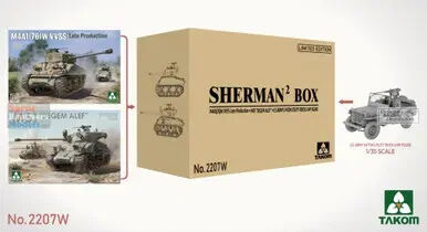 Takom TK2207W Takom TAK2207W ShermanÂ² Box M4A1(76W) VVSS Late Production with M51 Degem Alef and US Army 1/4 Ton Utility Truck and MP Figure Plastic Model Kit