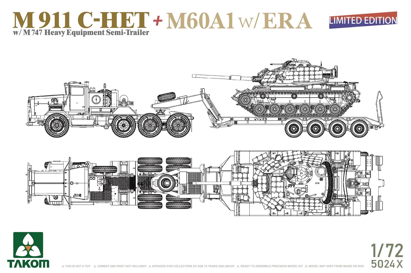 Takom TK5024X M911 C-HET with M747 Heavy Equipment Semi-Trailer and M60A1 with ERA Plastic Model Kit