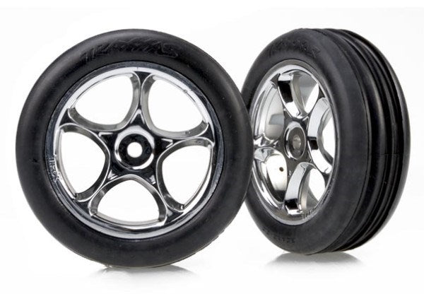 Traxxas 2471R - Tires & wheels assembled (Tracer 2.2" chrome wheels Alias ribbed 2.2" tires) (2) (Bandit front soft compound w/ foam inserts) (7856221225197)