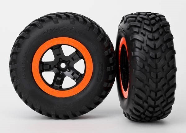 Traxxas Assembled Glued SCT Black Orange Beadlock 2WD Front RC Wheel & Tyre Set
