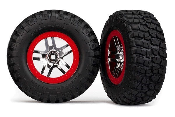 Traxxas Assembled Glued SCT Chrome Red Beadlock 2WD Front RC Wheel & Tyre Set