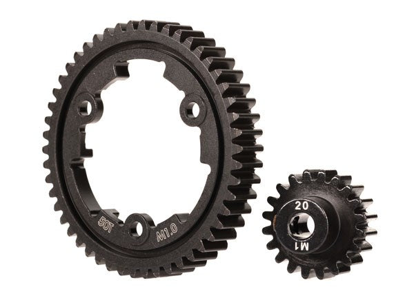 zTraxxas 6450 Spur gear 50-tooth steel (wide-face)/ gear 20-T pinion (1.0 metric pitch) (fits 5mm shaft)/ set screw