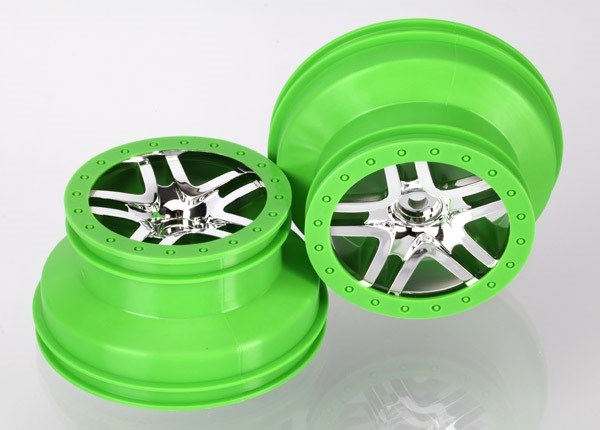 Traxxas 6872X - Wheels Sct Split-Spoke Chrome Green Beadlock Style dual profile (2.2" outer 3.0" inner) (4WD front/rear 2WD rear) (2) (9118029676781)
