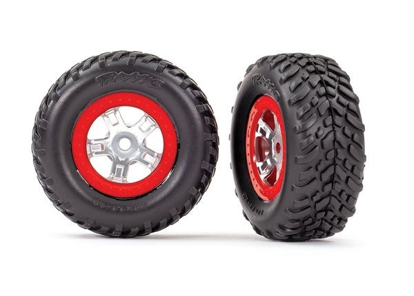 Traxxas 7073A - Tires and wheels assembled glued satin wheels red beadlock SCT off-road racing tires