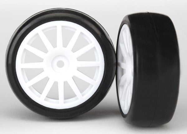 Traxxas 7572 - Tires & Wheels Assembled Glued (12-Spoke White Wheels slick tires) (2) (8827961606381)