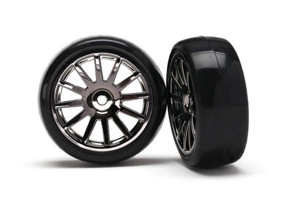 Traxxas 7573A -Tires & Wheels Assembled Glued (12-Spoke Black Chrome wheels slick tires) (2) - Hobby City NZ