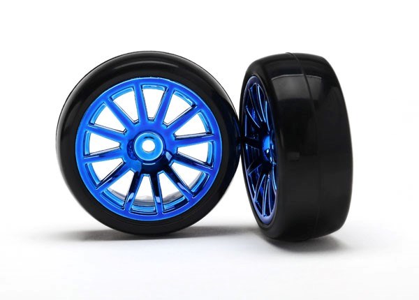 Traxxas 7573R - Tires & Wheels Assembled Glued (12-Spoke Blue Chrome Wheels slick tires) (2) - Hobby City NZ