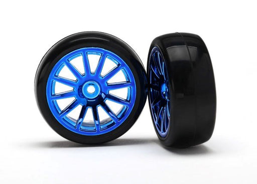Traxxas 7573R - Tires & Wheels Assembled Glued (12-Spoke Blue Chrome Wheels slick tires) (2) - Hobby City NZ