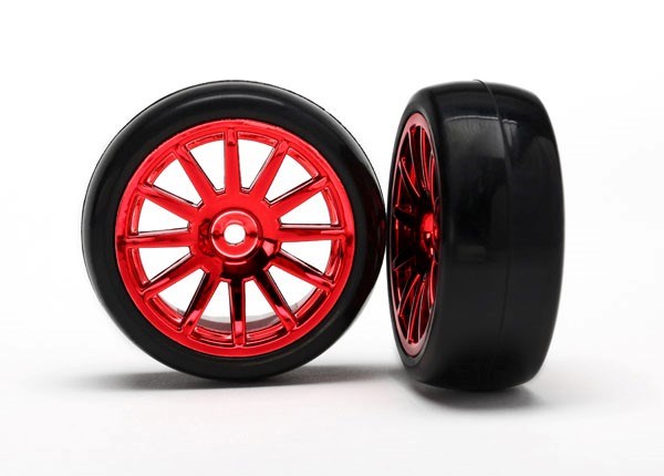 Traxxas 7573X -Tires & Wheels Assembled Glued (12-Spoke Red Chrome Wheels slick tires) (2) - Hobby City NZ