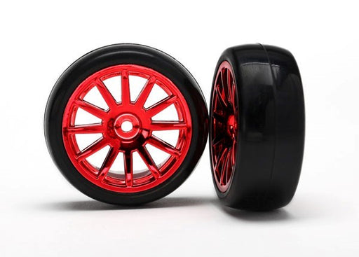 Traxxas 7573X -Tires & Wheels Assembled Glued (12-Spoke Red Chrome Wheels slick tires) (2) - Hobby City NZ