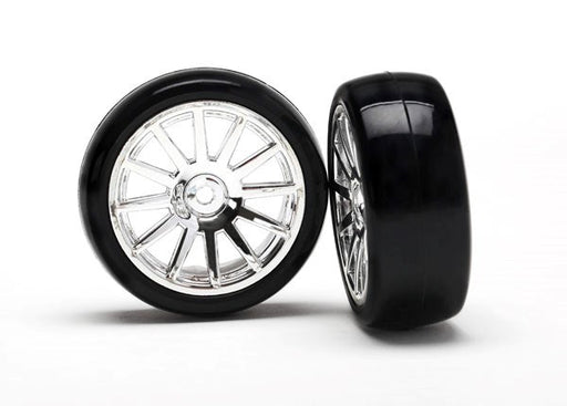Traxxas 7573 - Tires & Wheels Assembled Glued (12-Spoke Chrome Wheels slick tires) (2) - Hobby City NZ