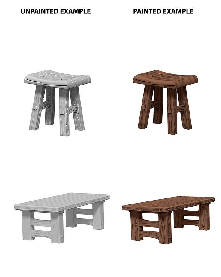 WizKids 72593 Deep Cuts Unpainted Miniatures: Wooden Table & Stools (9003776245997)