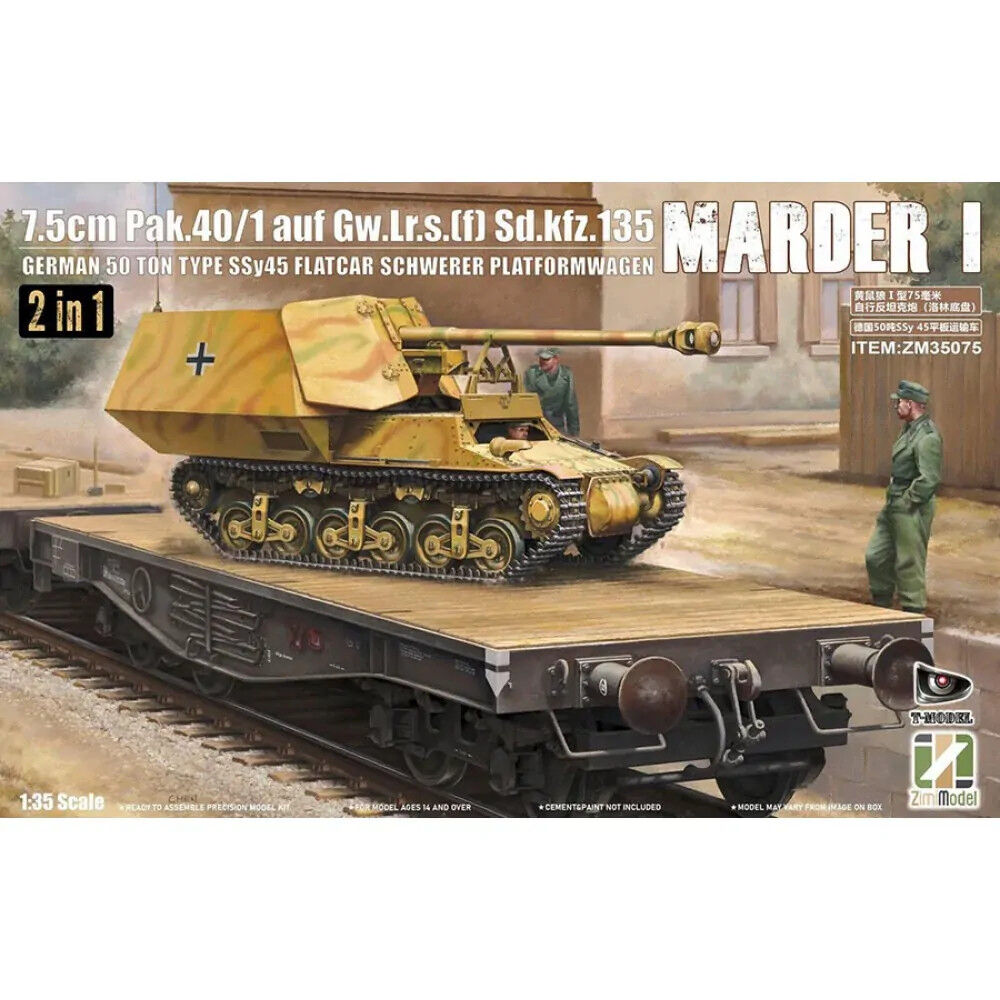 Zimi Model 35075 1/35 Marder I 7.5cm Pak.40/1 auf Gw.Lr.s.(f) Sd.kfz.135 w/ German 50 Ton Type SSy45 Flatcar Schwerer Platformwagen [2 in 1] - Hobby City NZ