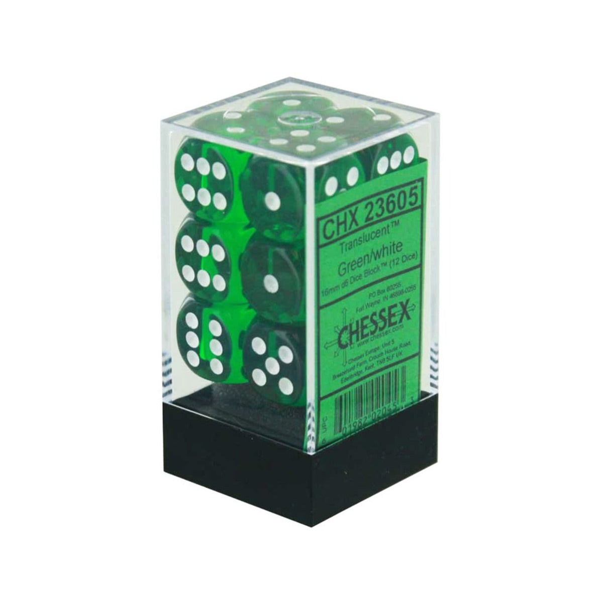 Chessex Translucent 16mm d6 Green/white Dice Block (12 dice)