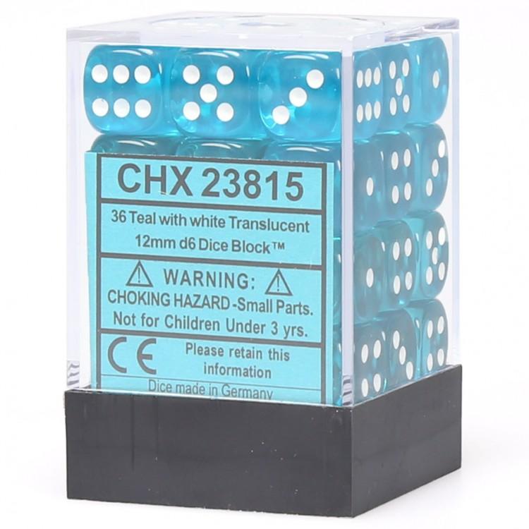 Chessex Translucent 12mm d6 Teal/white Dice Block (36 dice)