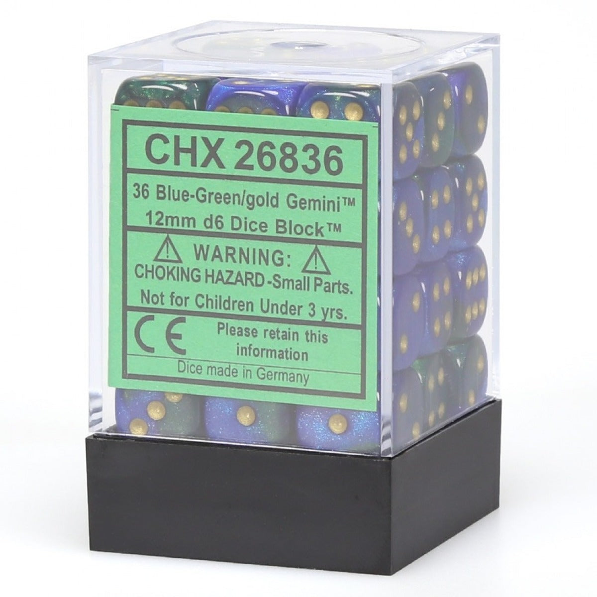Chessex Gemini 12mm d6 Blue-Green/gold Dice Block (36 dice)