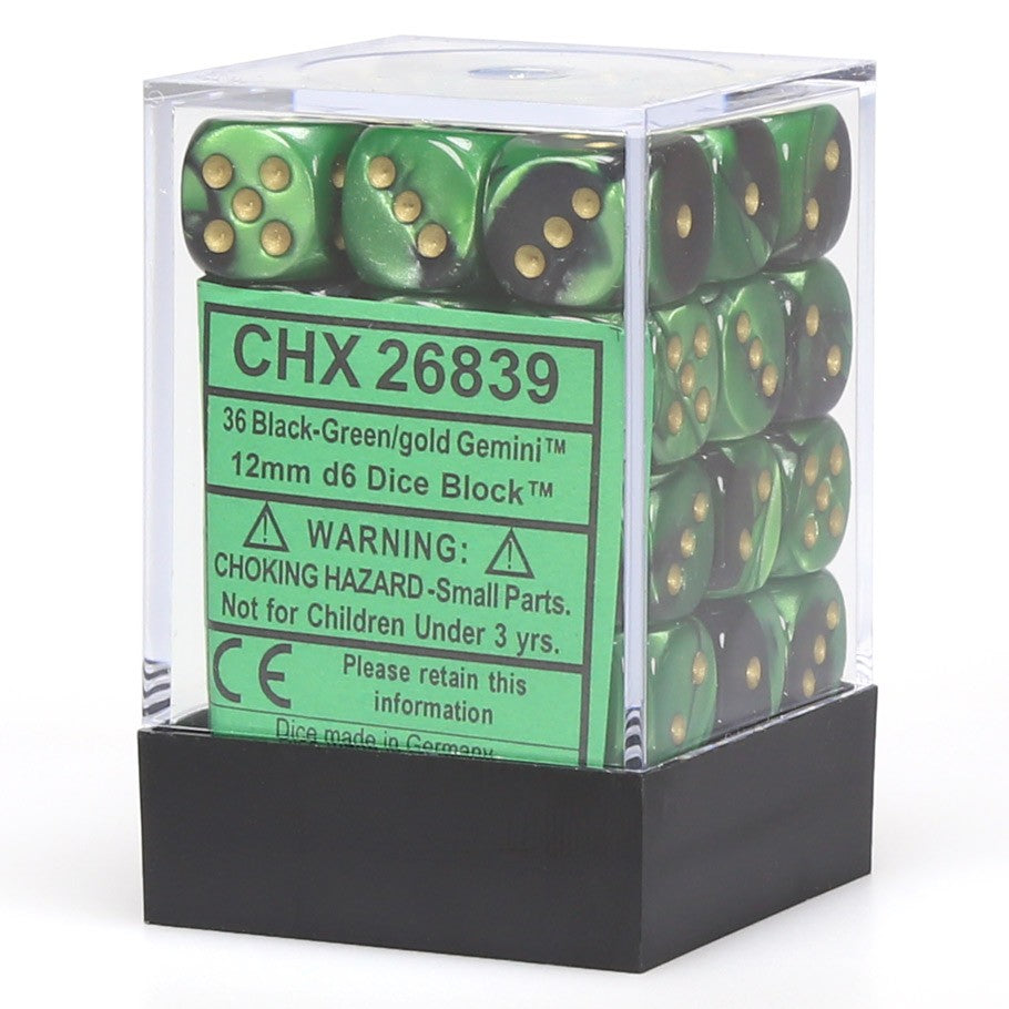 Chessex Gemini 12mm d6 Black-Green/gold Dice Block (36 dice)