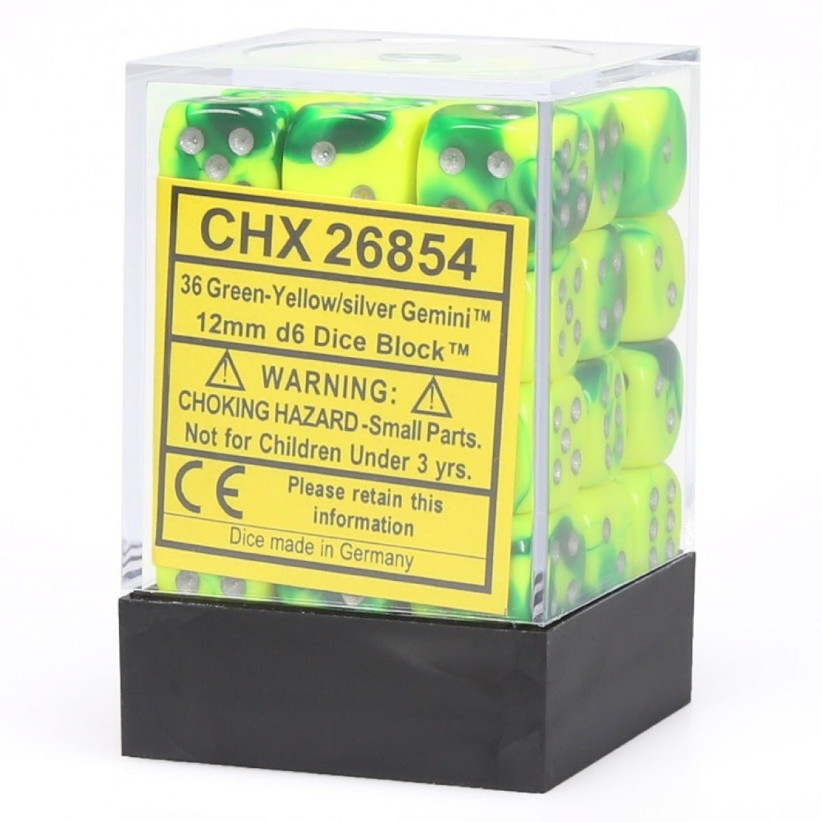 Chessex Gemini 12mm d6 Green-Yellow/silver Dice Block (36 dice)