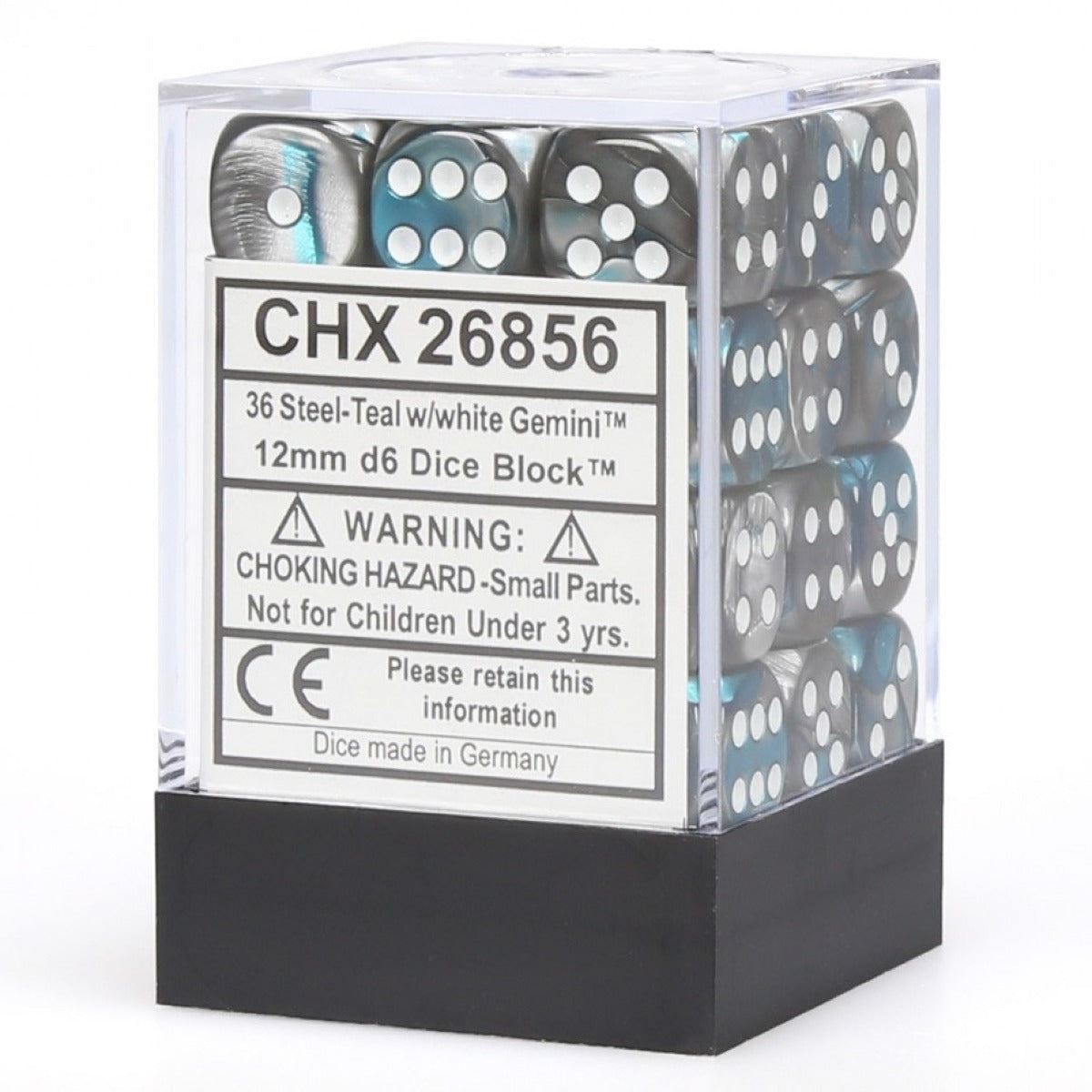 Chessex Gemini 12mm d6 Steel-Teal/white Dice Block (36 dice)
