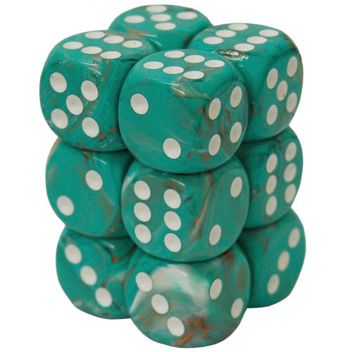Chessex Marble 16mm d6 Oxi-Copper/white Dice Block (12 dice)