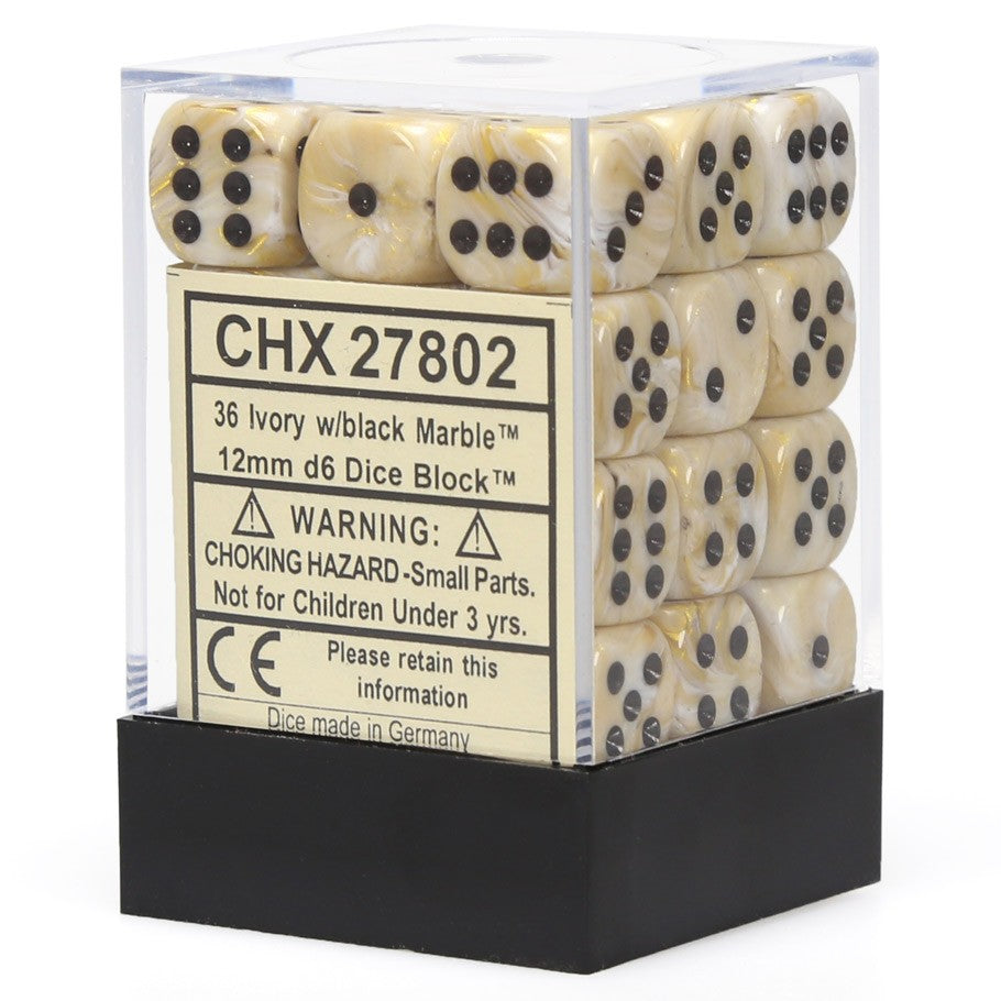 Chessex Marble 12mm d6 Ivory/black Dice Block (36 dice)