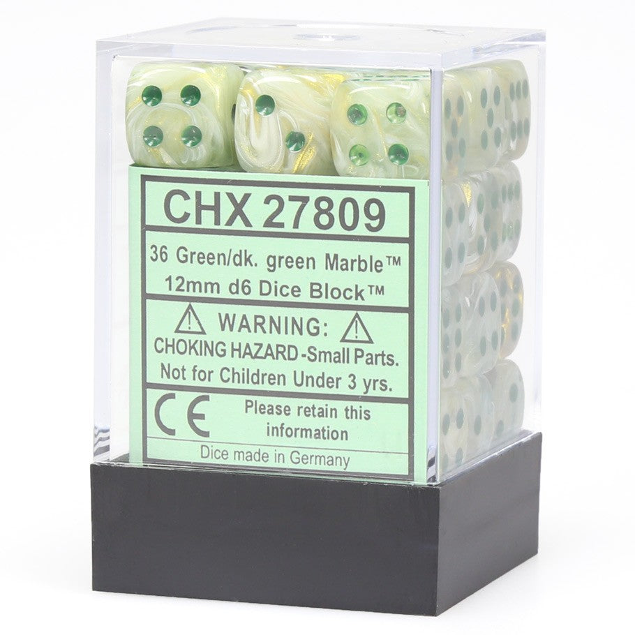 Chessex Marble 12mm d6 Green/dark green Dice Block (36 dice)