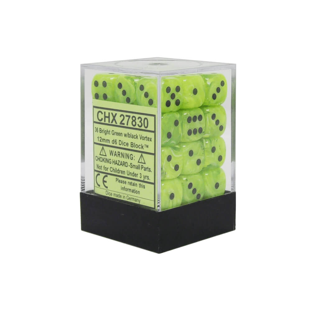 Chessex Vortex 12mm d6 Bright Green/black Dice Block (36 dice)