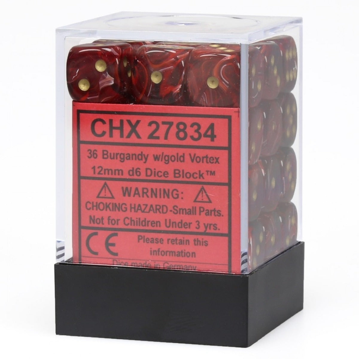 Chessex Vortex 12mm d6 Burgundy/gold Dice Block (36 dice)
