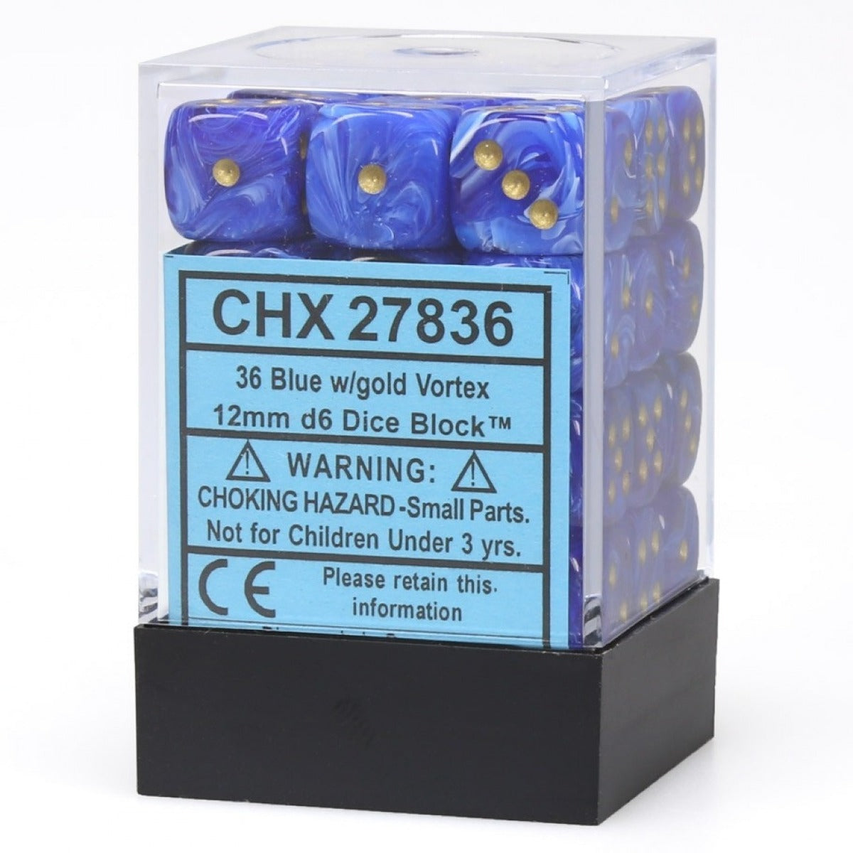 Chessex Vortex 12mm d6 Blue/gold Dice Block (36 dice)