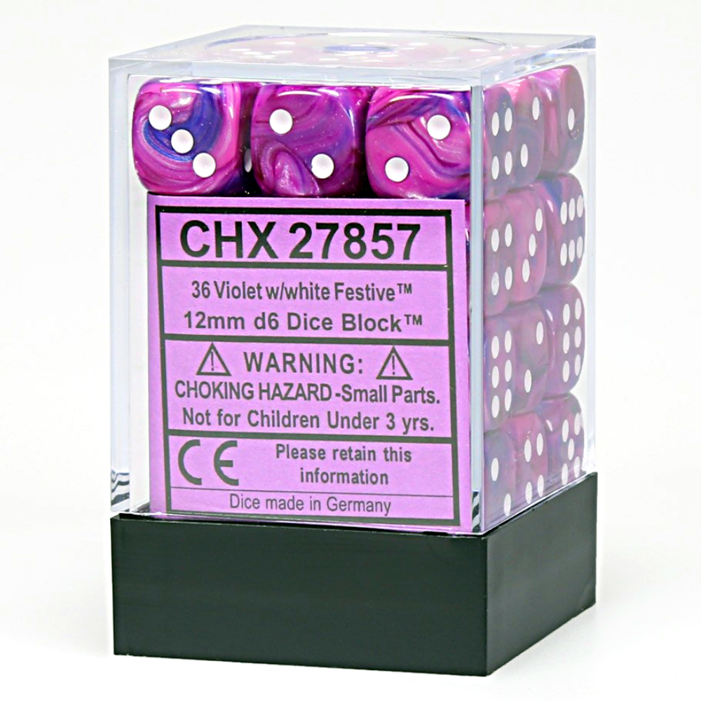 Chessex Festive 12mm d6 Violet/white Dice Block (36 dice)