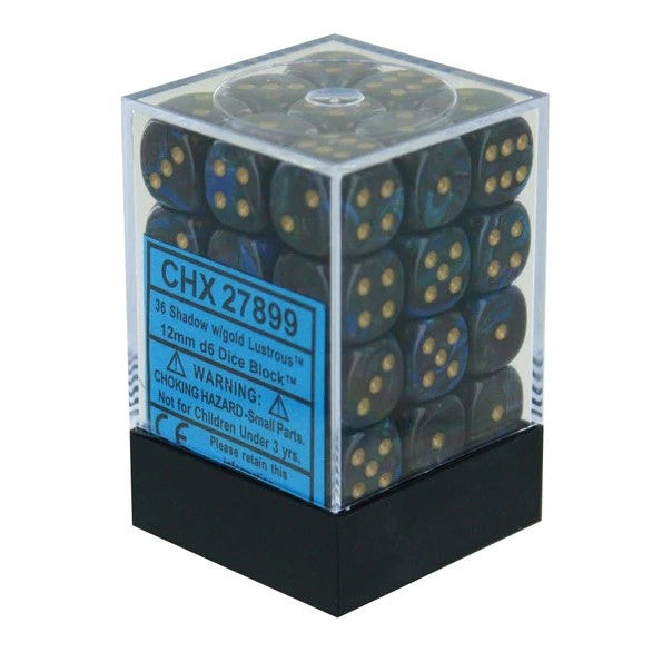 Chessex Lustrous 12mm d6 Shadow/gold Dice Block (36 dice)