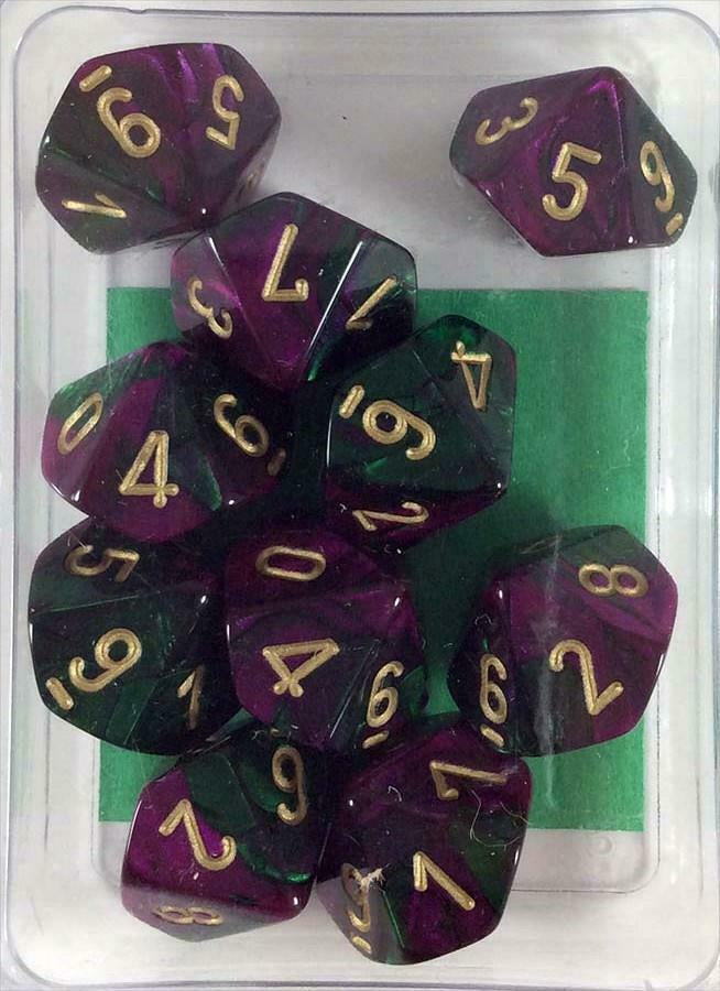 Chessex Gemini Green-Purple/gold Set of Ten d10s