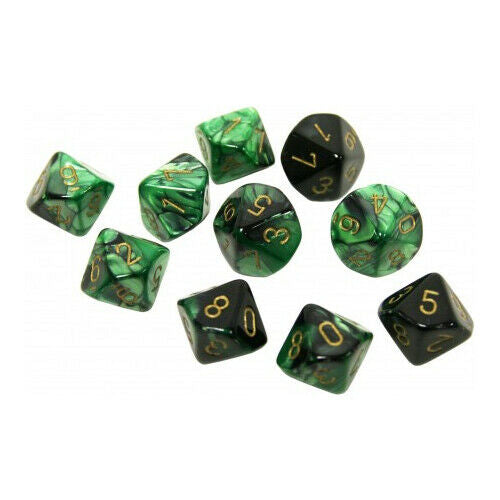 Chessex Gemini Black-Green/gold Set of Ten d10s