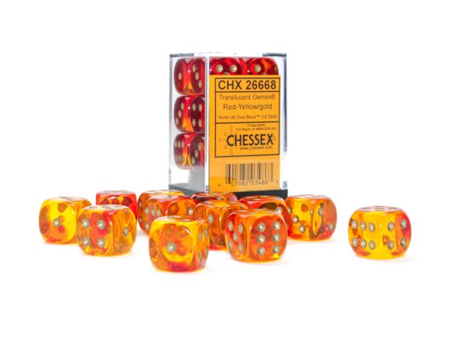 Chessex Gemini 16mm d6 Translucent Red-Yellow/gold Dice Block