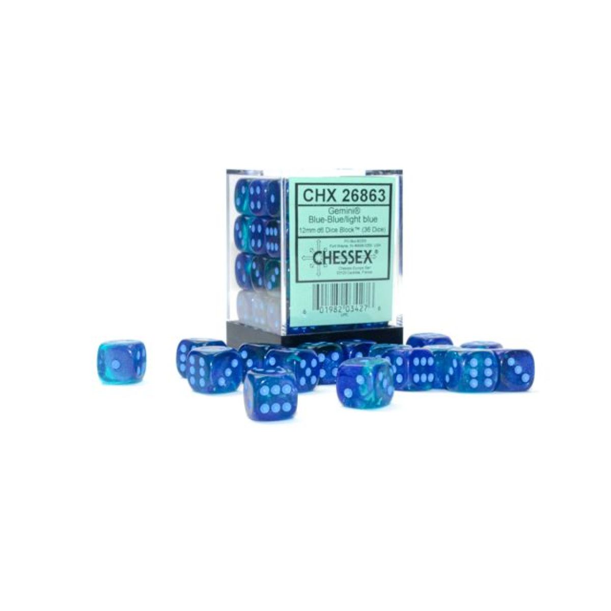 Chessex CHX26863 Gemini Blue/Light Blue Luminary D6 Set of 36 (12mm) (9250465317101)