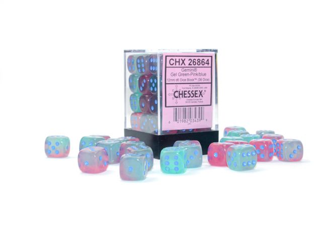 Chessex Gemini 12mm d6 Gel Green-Pink/blue Luminary Dice Block