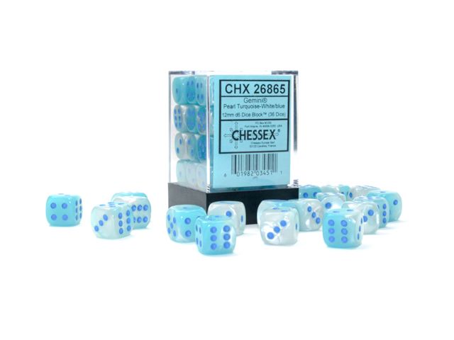Chessex Gemini 12mm d6 Pearl Turquoise-White/blue Luminary Dice