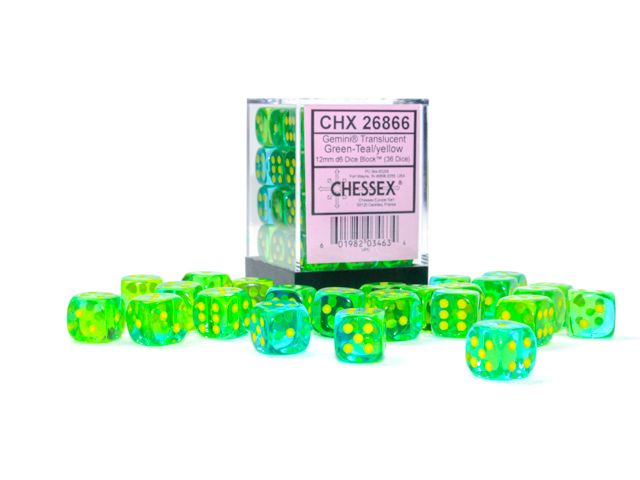Chessex Gemini 12mm d6 Translucent Green-Teal/yellow Dice Block