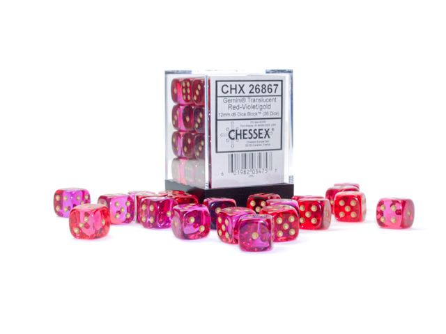 Chessex Gemini 12mm d6 Translucent Red-Violet/gold Dice Block