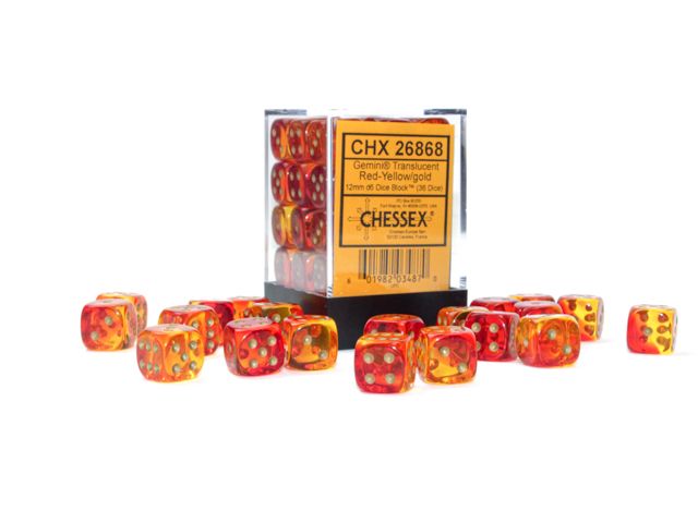 Chessex Gemini 12mm d6 Translucent Red-Yellow/gold Dice Block