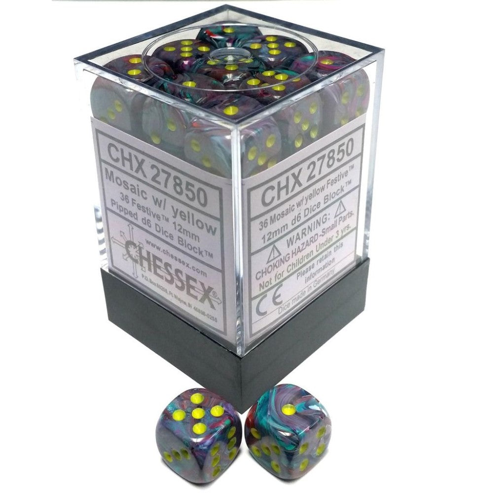 Chessex Festive 12mm d6 Mosaic/yellow Dice Block (36 dice)