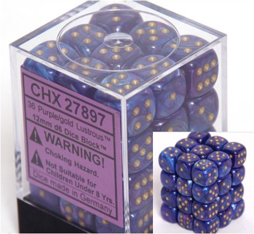 Chessex Lustrous 12mm d6 Purple/gold Dice Block (36 dice)