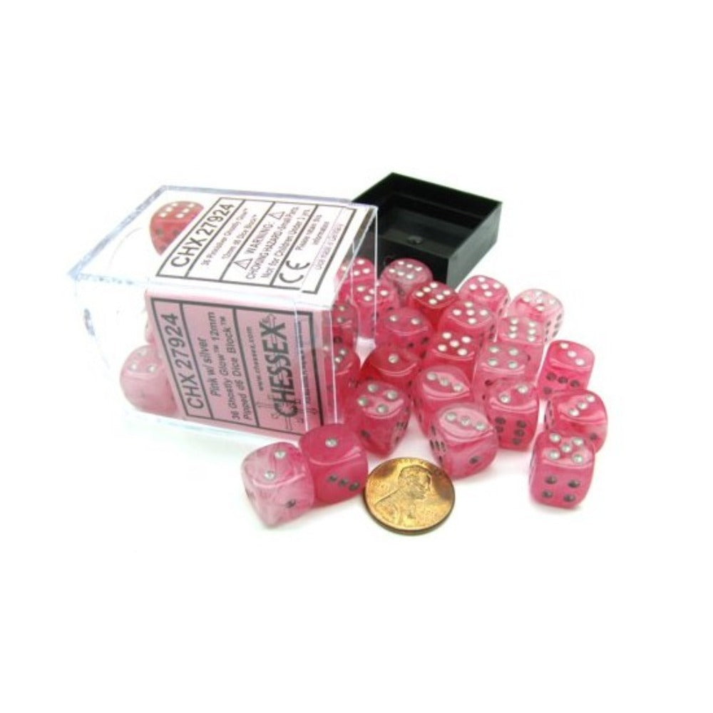 Chessex Ghostly Glow 12mm d6 Pink/silver Dice Block (36 dice)
