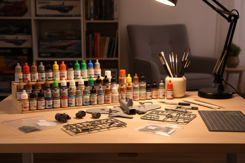 High-quality lifestyle image of a scale model kit workbench with unassembled plastic model parts, hobby paints, brushes and tools, warm indoor lighting, clean and organised workspace, shallow depth of field, no people, realistic commercial photography style