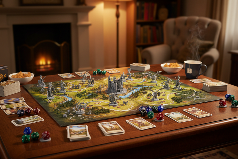 High-quality lifestyle image of a tabletop board game setup on a table with game board, cards, dice and miniatures, warm indoor lighting, inviting atmosphere, clean composition, no visible branding, no people, realistic commercial photography style