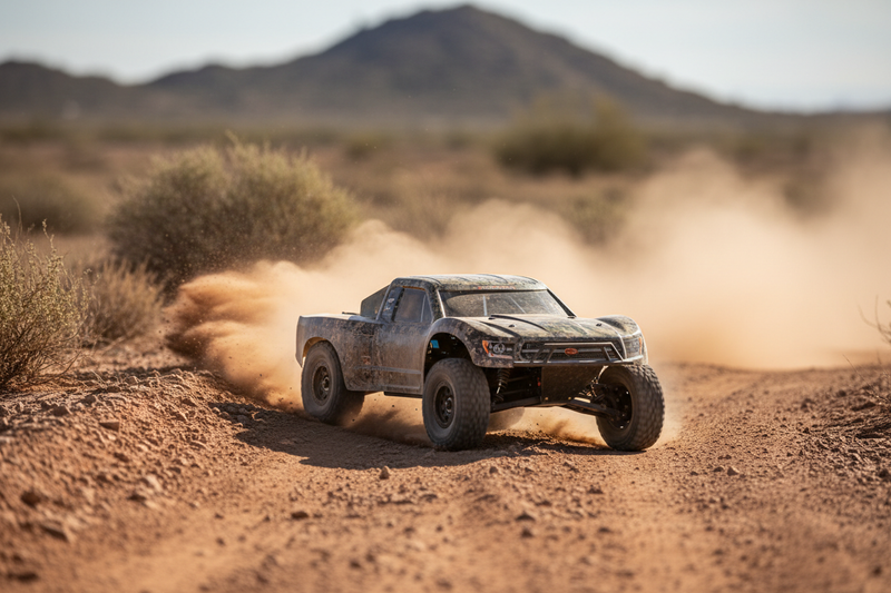 High-quality lifestyle photo of a realistic RC off-road truck driving fast on a dirt trail, kicking up dust, dynamic motion, outdoor daylight, no people, clean background, commercial photography style, shallow depth of field
