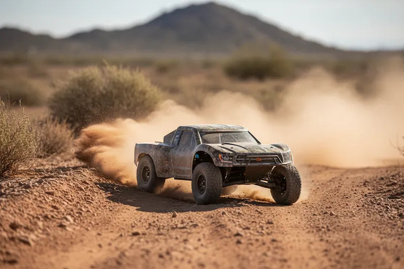Off-road truck driving on a dirt road with desert landscape and mountains in the background